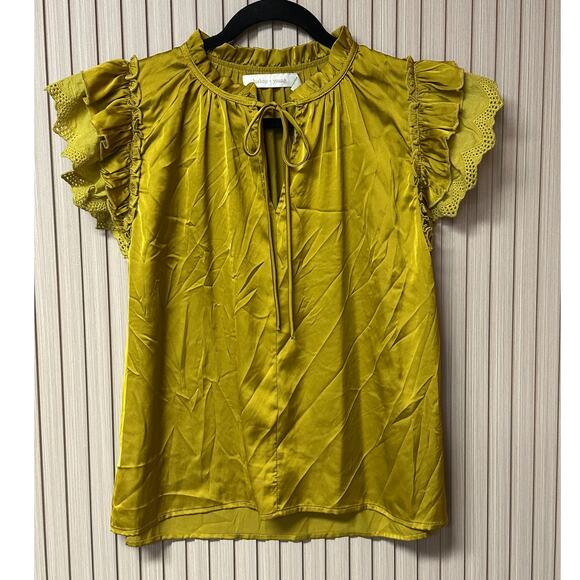 Bishop + Young Nikki Flutter Sleeve Ruffle Neck Top Citrine Women’s Size S - Picture 1 of 8